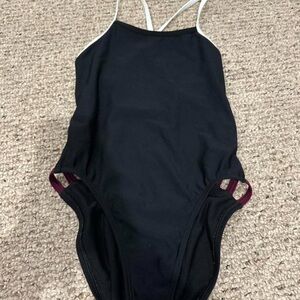 Jolyn Black julian 2 suit with White Straps and burgundy side details
